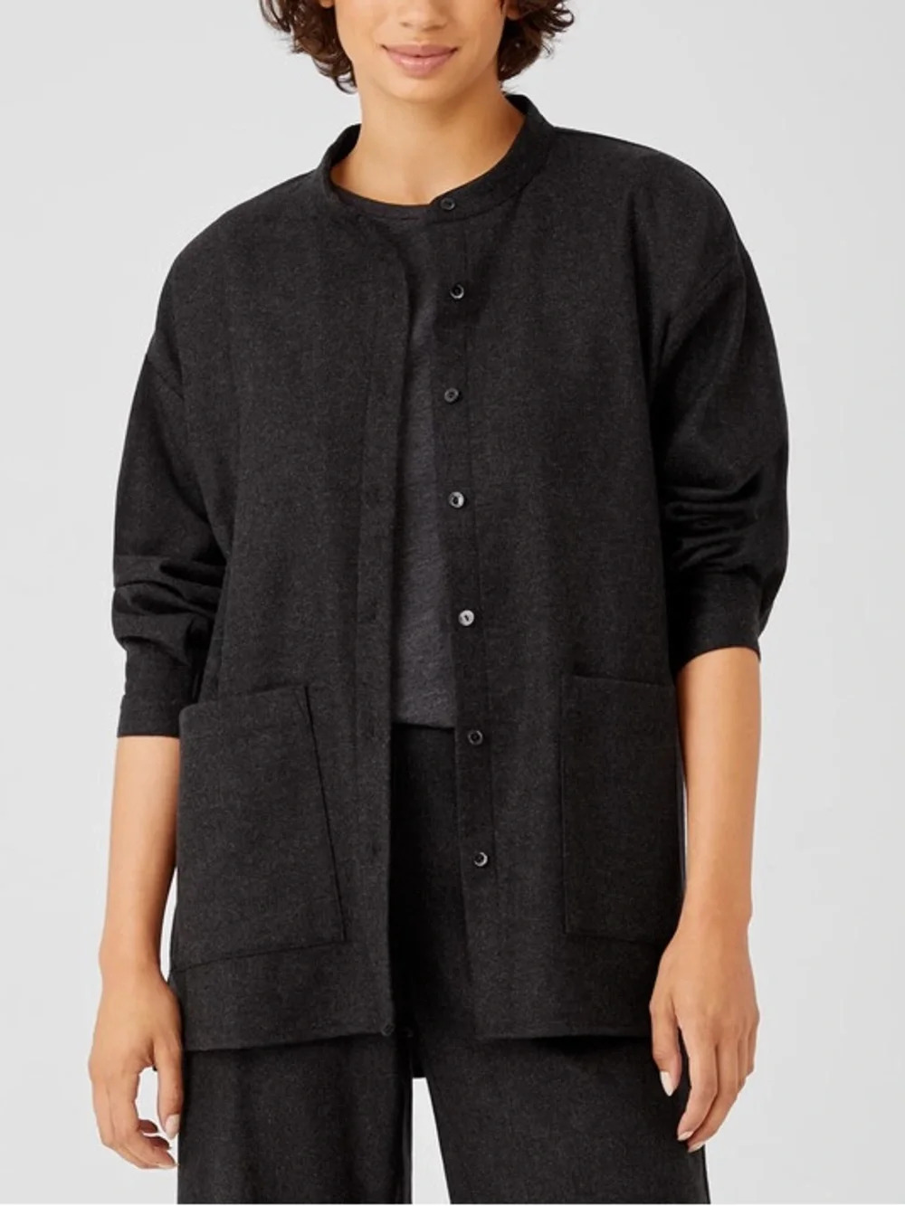 Eileen Fisher Soft Wool Flannel Mandarin Collar Shirt Cardigan Medium